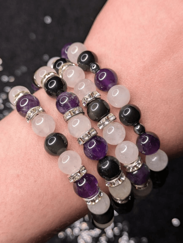 Bracelet composé quartz rose - obsidienne - amethyste